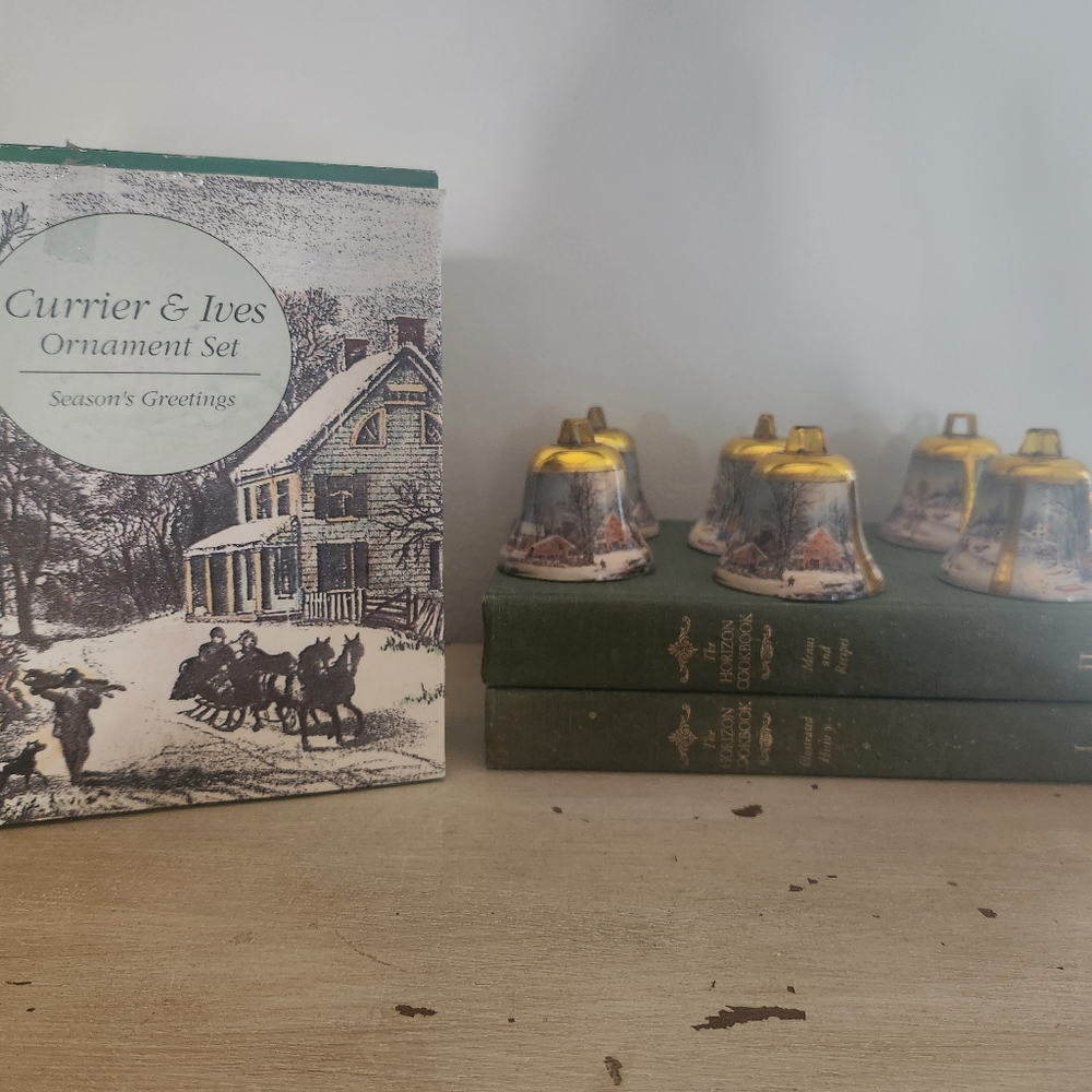 Vintage Currier & Ives Plastic Bell Ornament Set